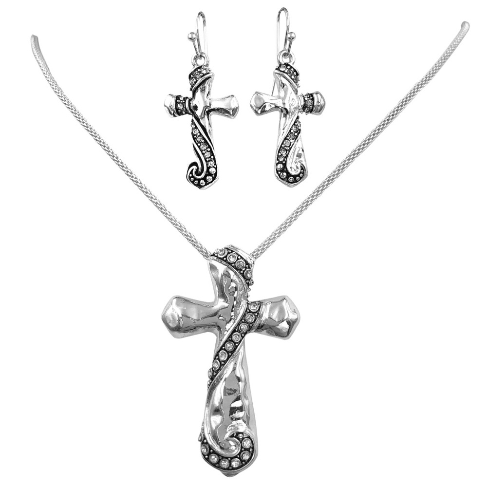 Silver Cross Swirl Simple Pendant Rhinestone Necklace Earrings Set
